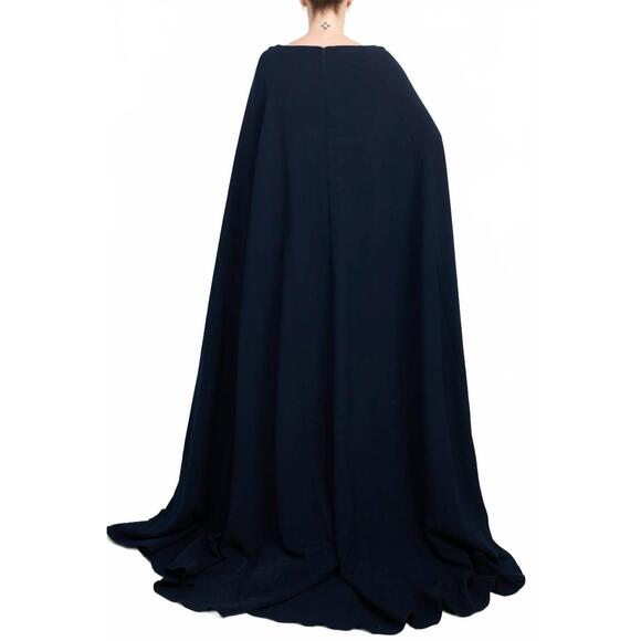 NEW JOVANI women's boat neck cape evening with zipper closure crepe gown in navy - Picture 2 of 4
